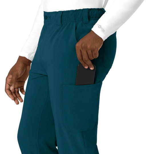 Teal straight-leg scrub pants with cargo pocket and phone in side pocket