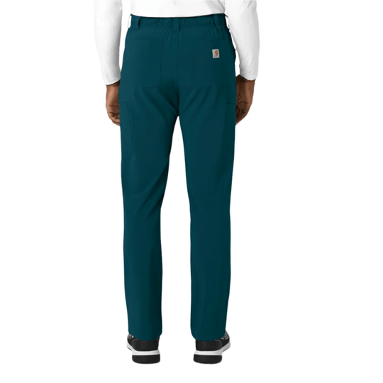 Teal straight-leg scrub pants with cargo pockets, shown from the back