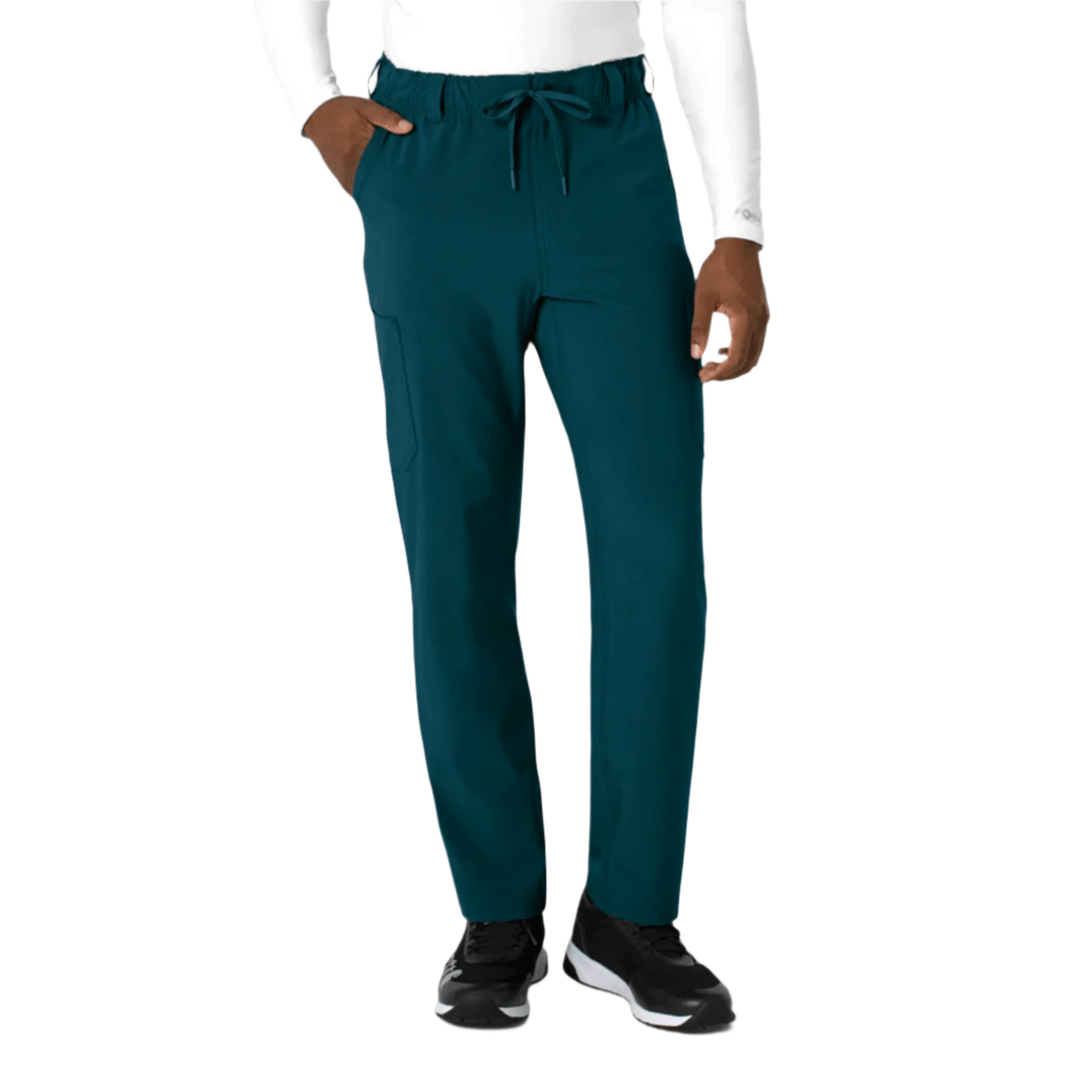 Teal straight-leg scrub pants with drawstring waist and side pockets