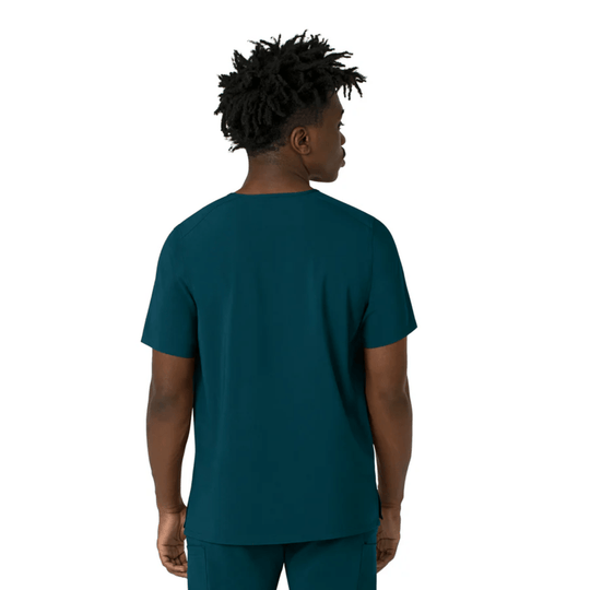 Teal short-sleeve V-neck scrub top shown from the back