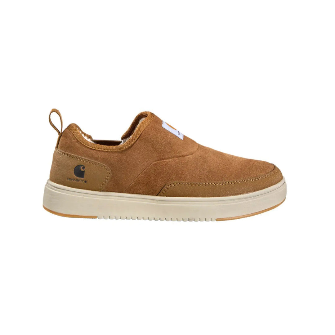 Brown slip-on shoe with suede upper, white sole, and heel pull tab