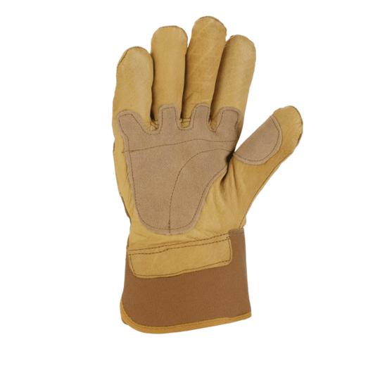 Tan leather work glove with brown cuff and reinforced palm patch