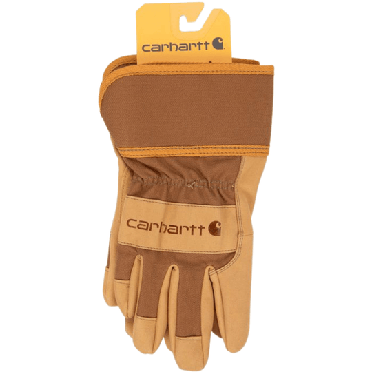 Brown and tan work gloves with reinforced cuffs and visible Carhartt branding