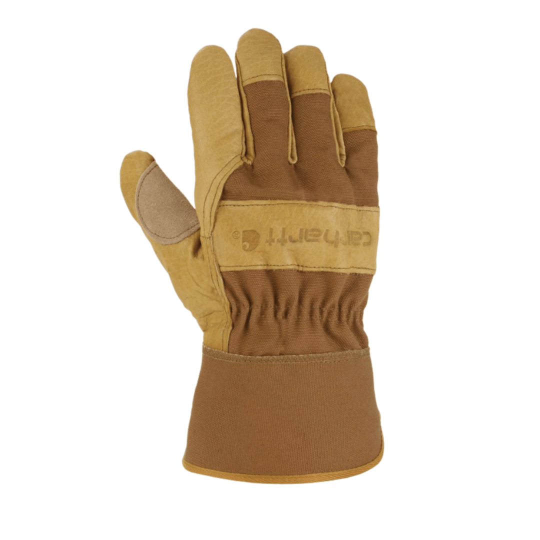 Brown work glove with tan leather palm, reinforced fingertips, and Carhartt logo on the cuff
