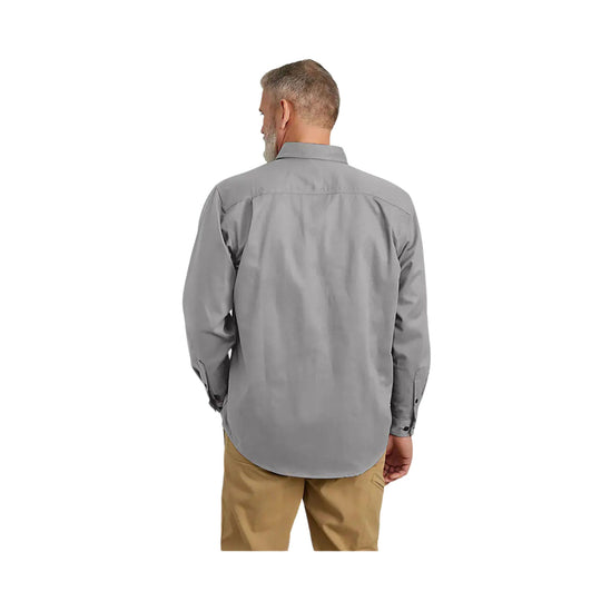 Gray long-sleeve button-up work shirt shown from the back