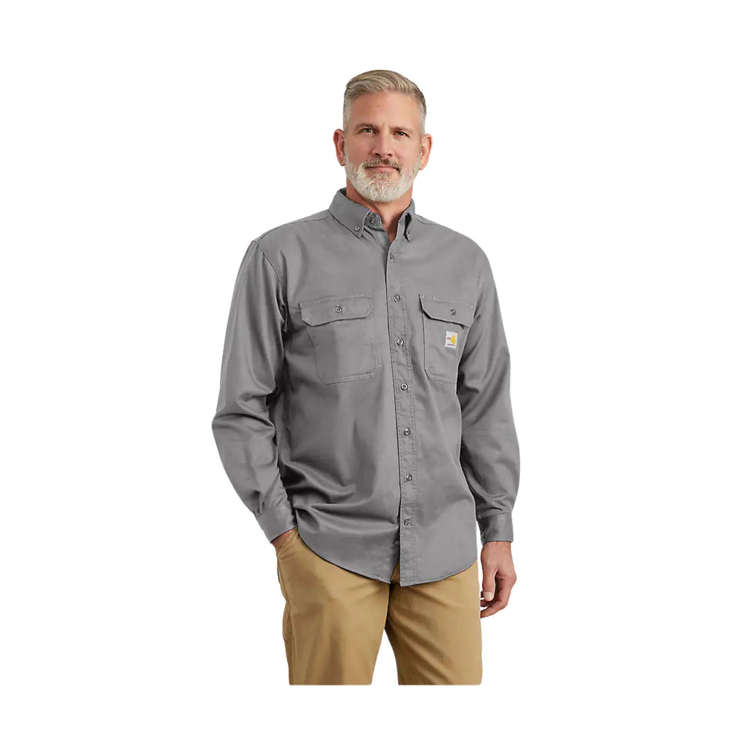 Gray long-sleeve button-up work shirt with chest pockets and a small logo patch