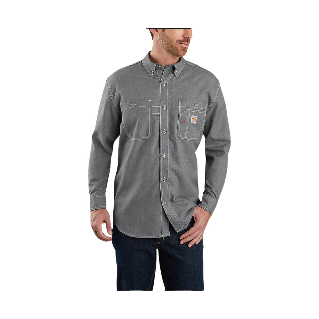 Gray long-sleeve button-up work shirt with two chest pockets and contrast stitching