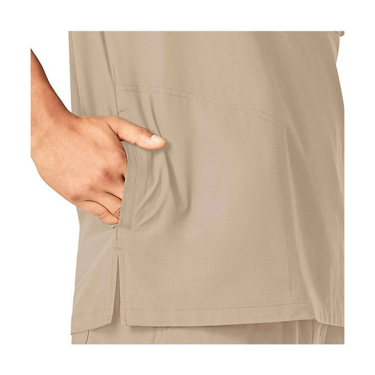 Khaki scrub top with side pocket and side vents