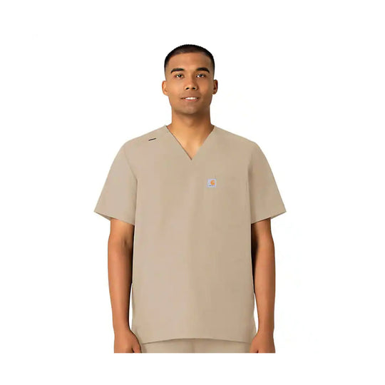 Beige V-neck scrub top with short sleeves and chest pocket
