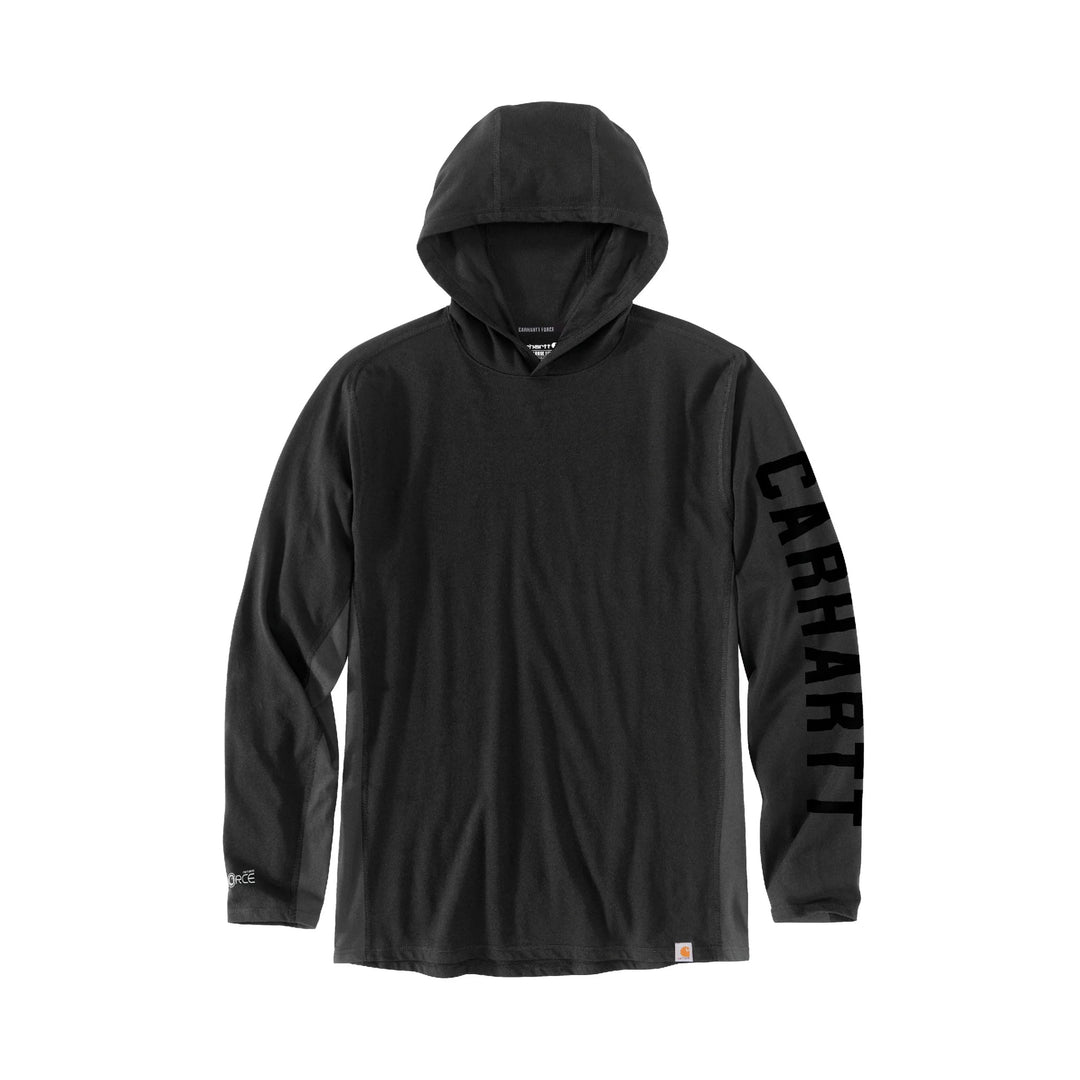Black long-sleeve hooded shirt with large vertical sleeve lettering
