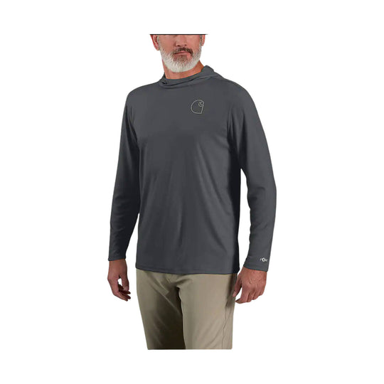 Dark gray long-sleeve hooded shirt with a small chest logo and sleeve logo, shown on a model