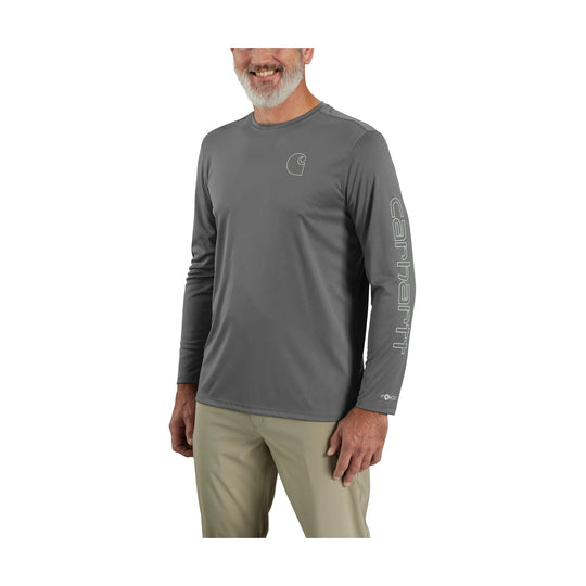 Gray long-sleeve performance shirt with a small chest logo and vertical sleeve text