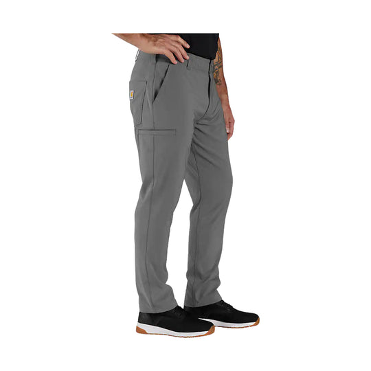 Gray straight-leg work pants with cargo pockets, shown on a model wearing black sneakers