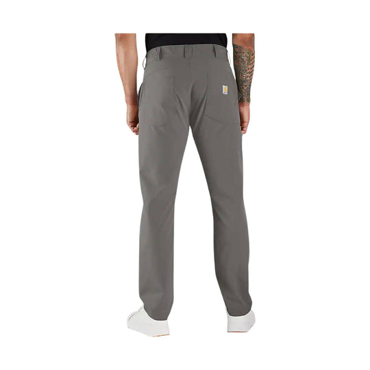 Gray relaxed-fit pants shown from the back with a small Carhartt patch on the pocket