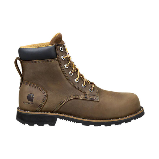 Brown lace-up work boot with black padded collar, metal eyelets, and Carhartt logo on the heel.