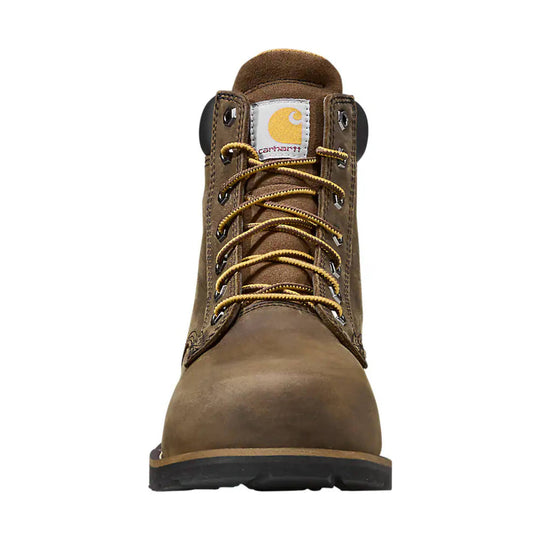 Brown lace-up work boot with yellow-and-black laces, metal eyelets, and a front logo patch