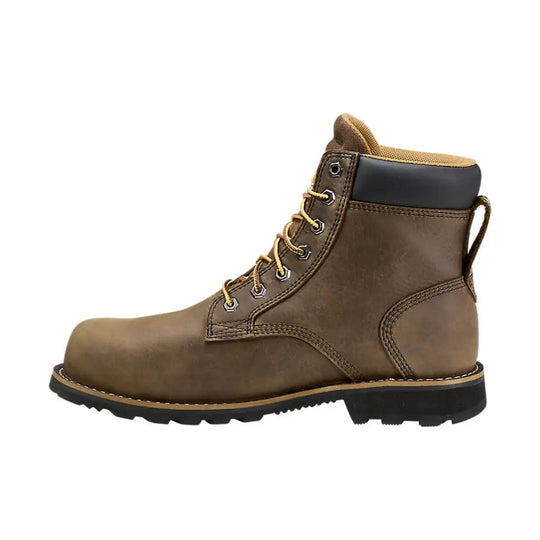 Brown work boot with black padded collar, yellow laces, and rugged black sole