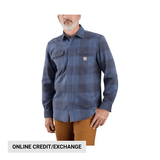Blue plaid long-sleeve button-up shirt with chest pockets, shown on a model, with an online credit/exchange banner