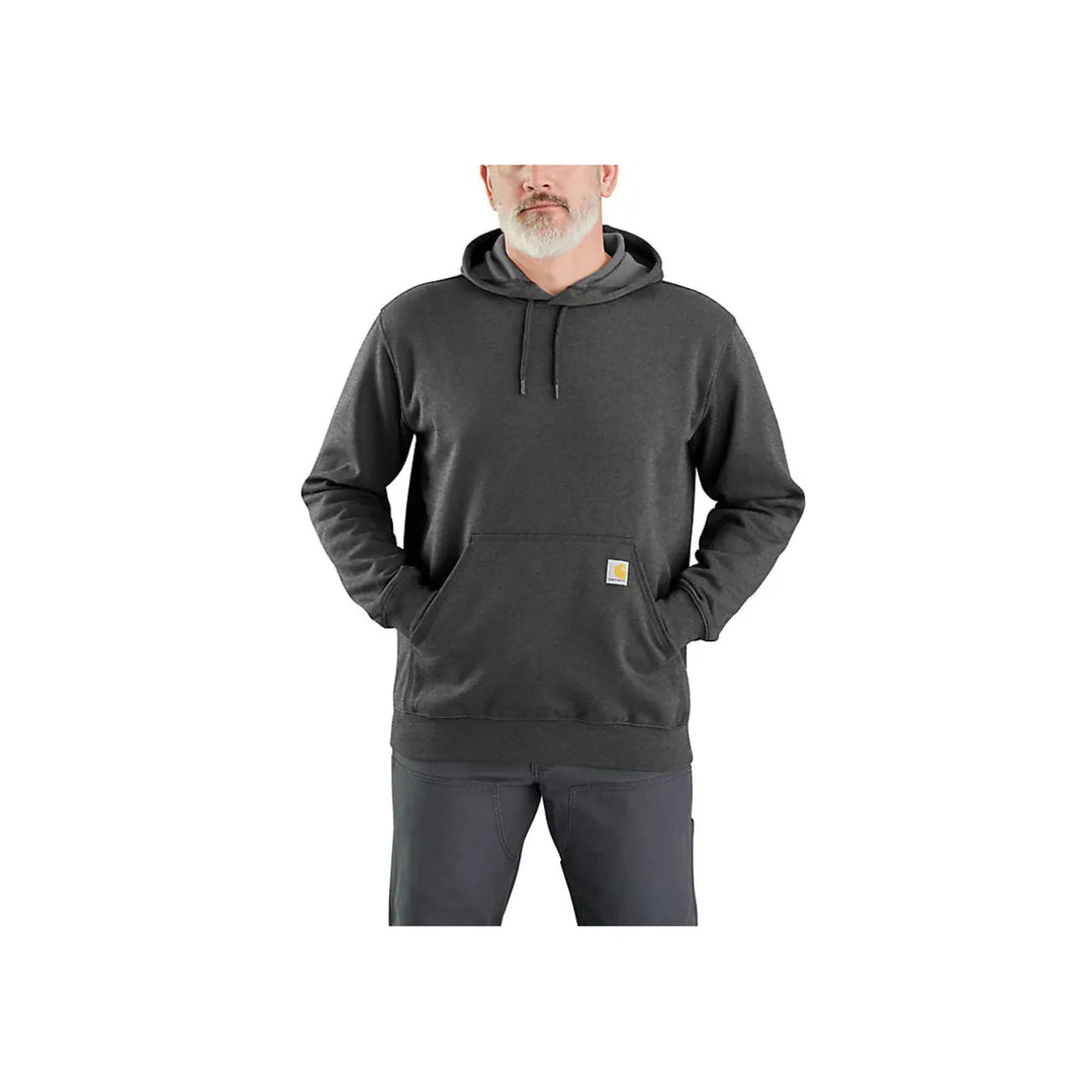 Charcoal pullover hoodie with kangaroo pocket and small logo patch on the front