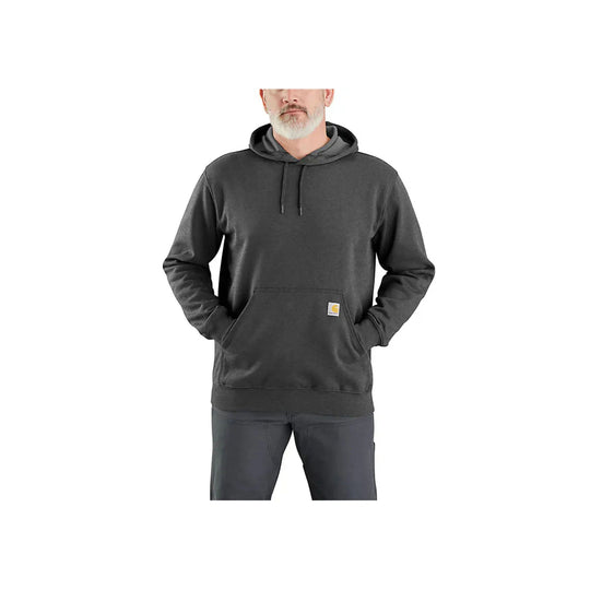 Charcoal pullover hoodie with kangaroo pocket and small logo patch on the front