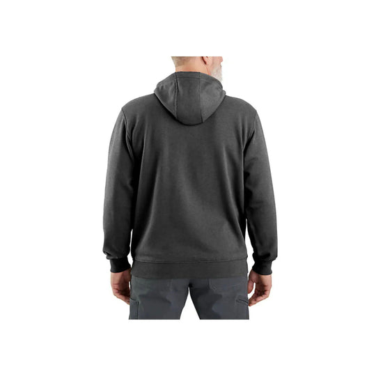 Back view of a dark charcoal hooded pullover sweatshirt on a model