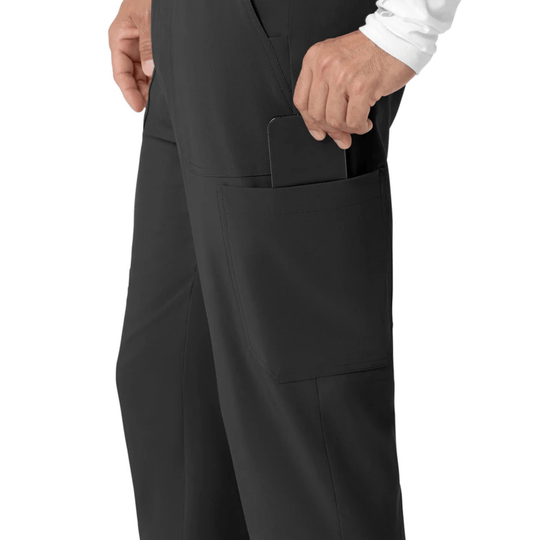 Black scrub pants with large side cargo pocket