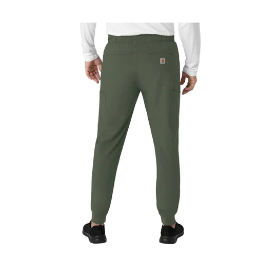 Olive cargo-style pants with elastic waistband, slim legs, and a small logo patch, shown from the back.