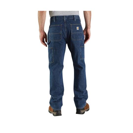 Back view of dark blue utility jeans with rear and cargo pockets
