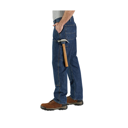 Blue carpenter jeans with tool pocket and hammer loop, shown with work boots
