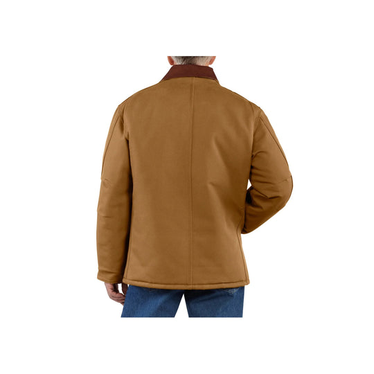 Back view of a brown insulated work jacket worn over jeans
