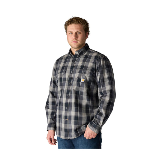 Black and gray plaid button-up work shirt with long sleeves and two chest pockets