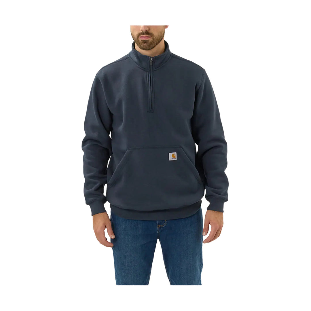 Dark navy quarter-zip pullover sweatshirt with a front kangaroo pocket and small chest logo patch
