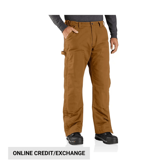 Brown insulated work pants on a model with cargo pocket and black work boots