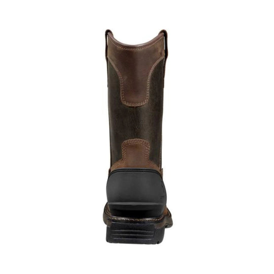 Brown-and-black tall pull-on work boot seen from the back