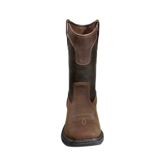 Brown and dark brown pull-on work boot with square toe and black sole, front view
