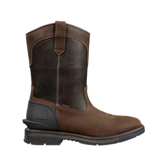 Brown and dark brown pull-on work boot with square toe and embossed logo at the heel