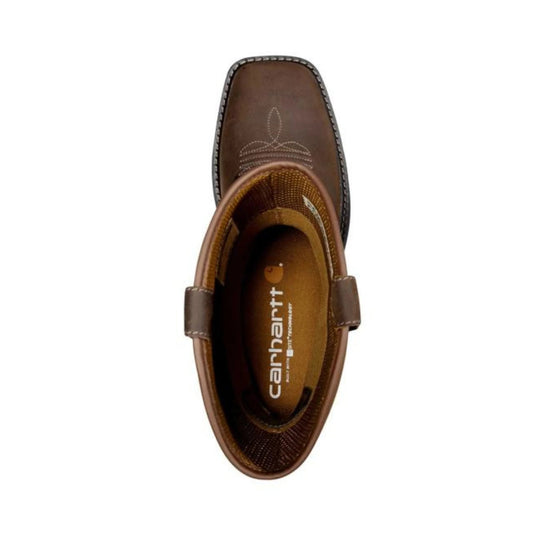 Brown square-toe pull-on boot viewed from above with stitched toe detail and Carhartt logo on the insole