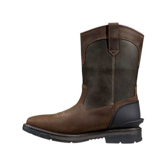 Brown and dark olive square-toe western work boot with pull-on shaft and black heel panel