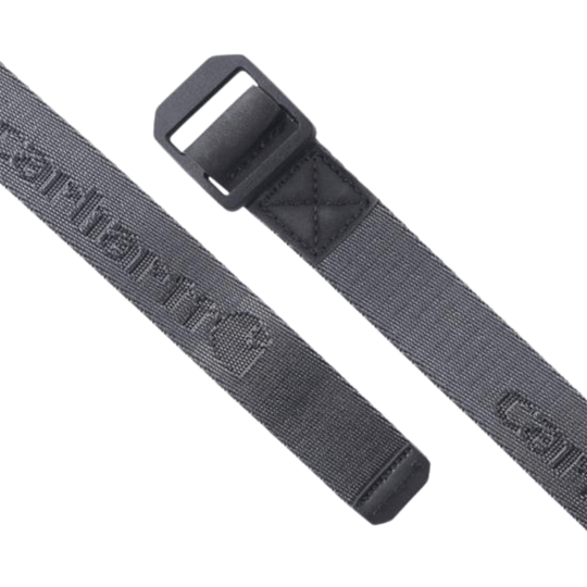 Gray nylon webbing belt with black buckle and stitched loop