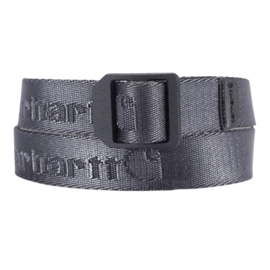 Gray woven nylon belt with matte square buckle and Carhartt branding