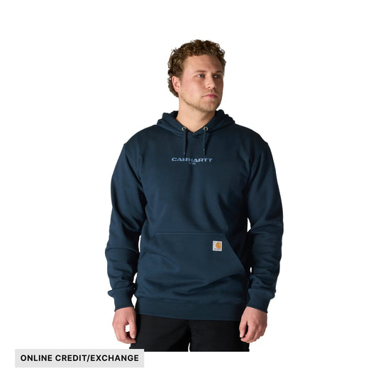 Navy pullover hoodie with kangaroo pocket and Carhartt logo on chest
