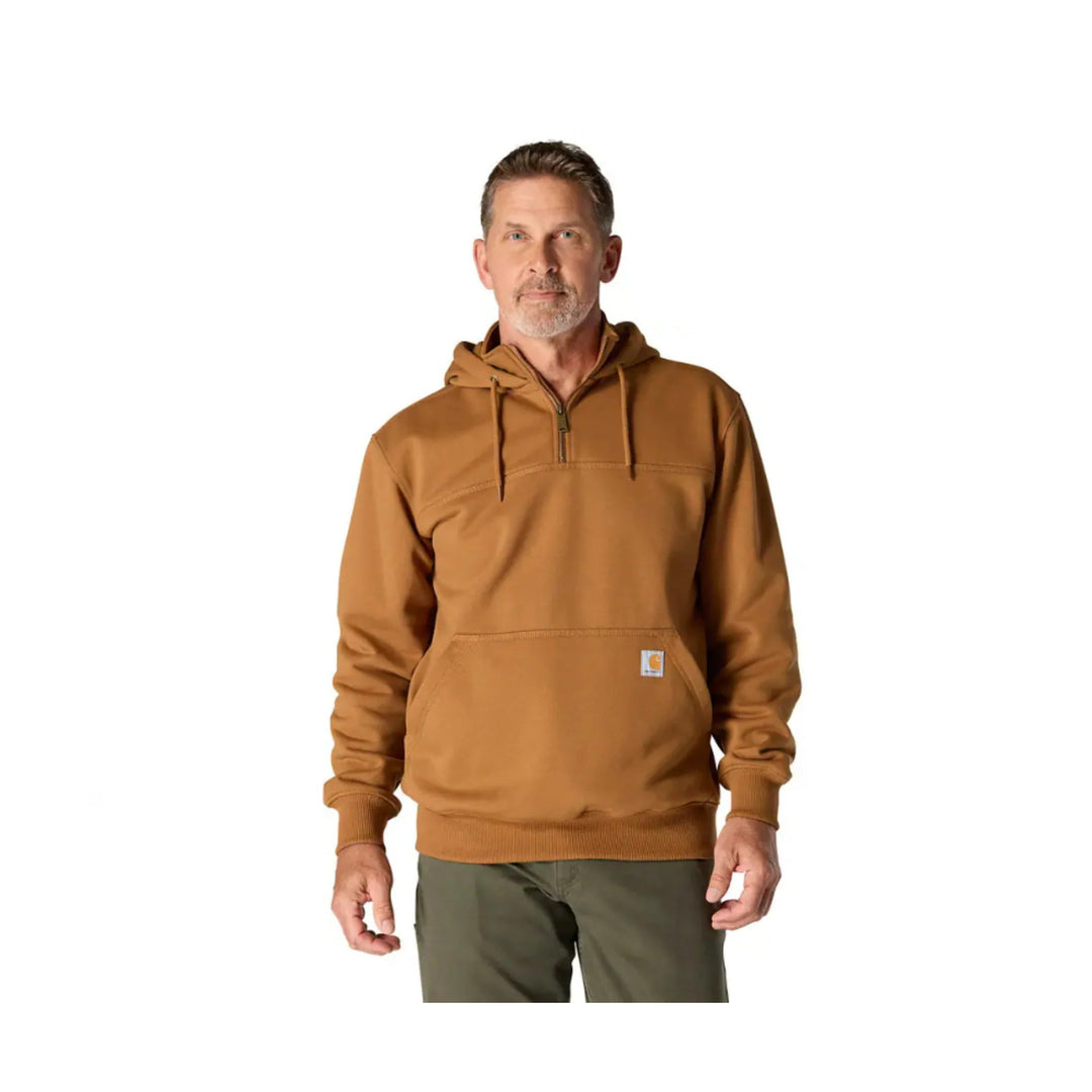 Brown hooded quarter-zip sweatshirt with a front kangaroo pocket and small chest logo patch