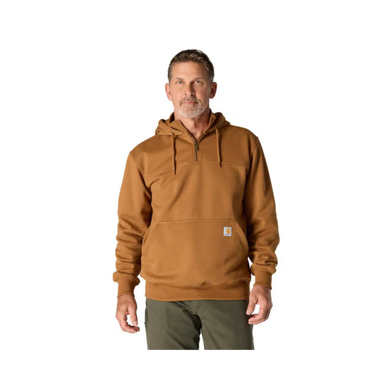 Brown hooded quarter-zip sweatshirt with a front kangaroo pocket and small chest logo patch