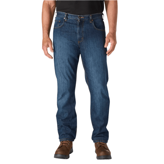 Blue relaxed-fit straight-leg jeans worn with a black shirt and brown work boots