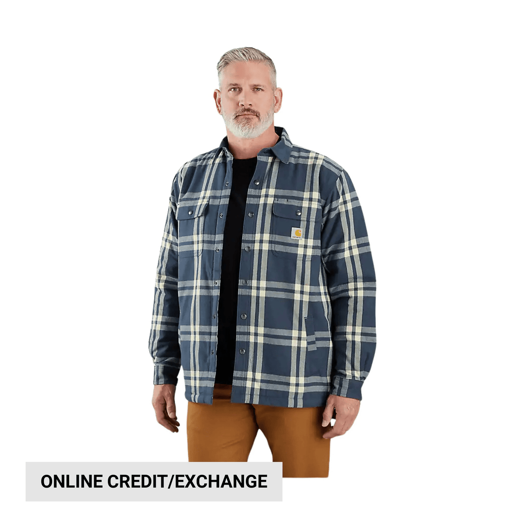 Plaid long-sleeve shirt jacket over a black shirt, with chest pockets and a visible Carhartt logo patch