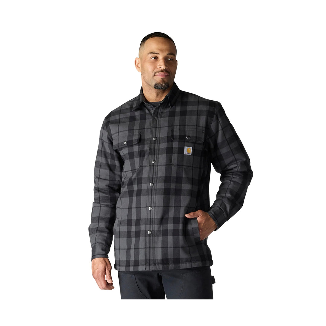 Black and gray plaid long-sleeve button-up shirt with chest pockets