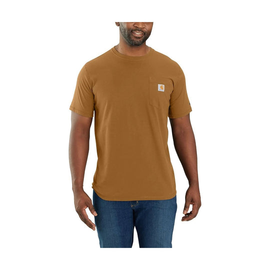 Brown short-sleeve pocket T-shirt worn with jeans