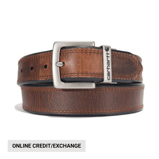 Brown leather belt with silver buckle and branded tag, shown folded