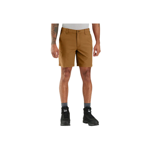 Brown men’s canvas work shorts shown on a model, front view
