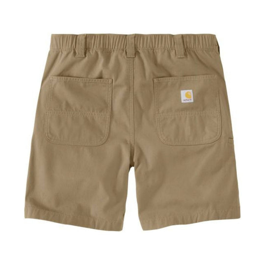 Tan canvas work shorts with large patch pockets and a small Carhartt logo patch on the back right pocket